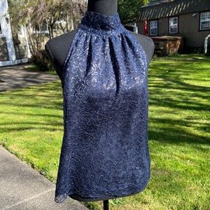 J Crew Blue Metallic Lace Sleeveless Lined Party Blouse Tie Back Bow Size XS